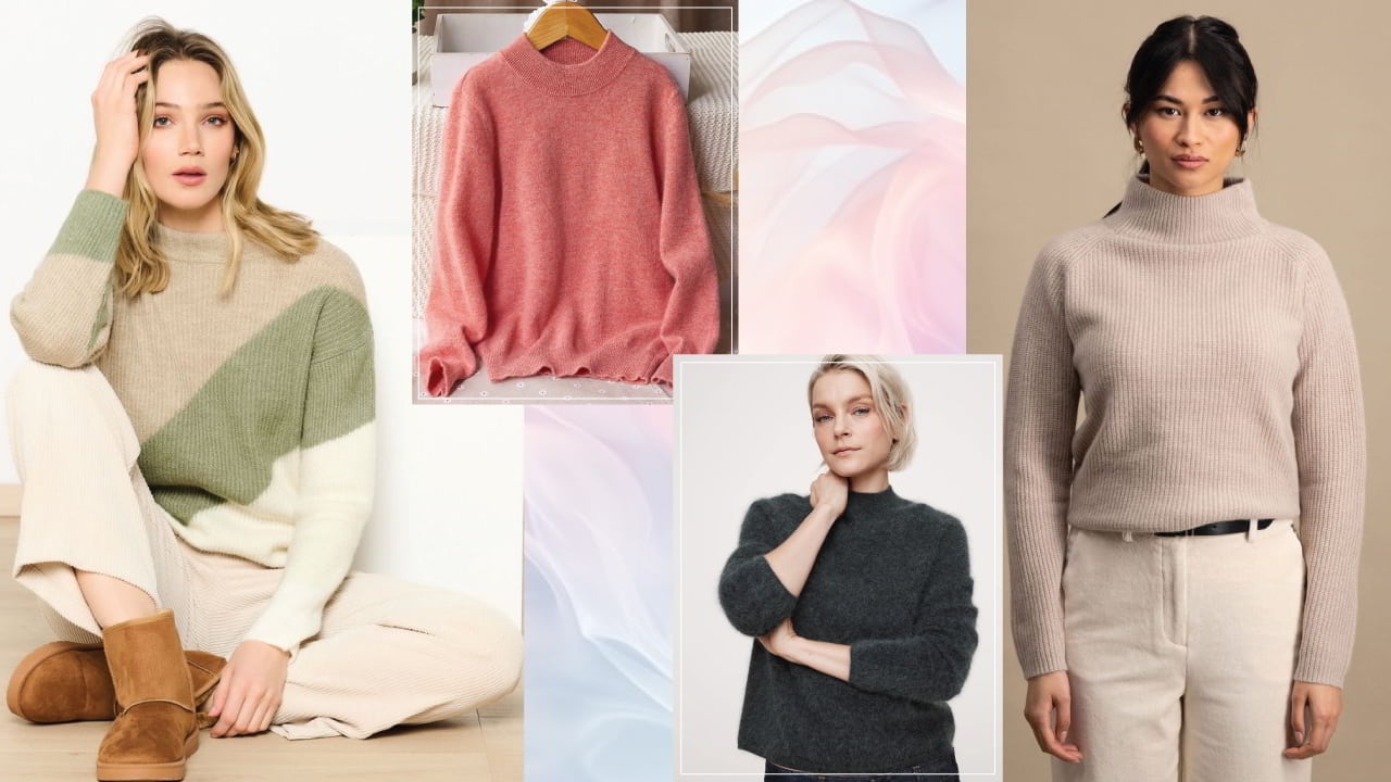 Three women shows luxurious look with soft cashmere pullovers in various colors, showcasing elegant and cozy winter.