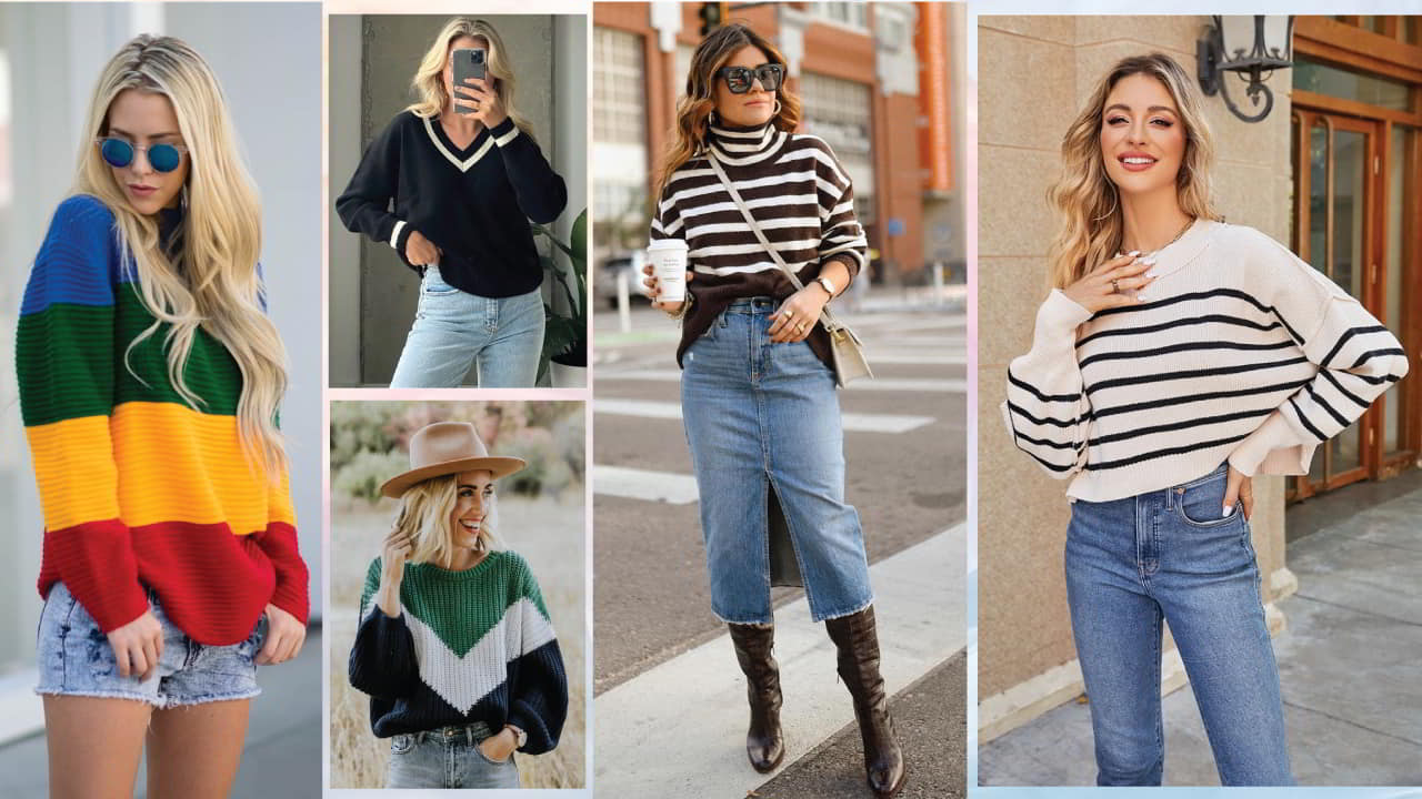 A stylish collage showcasing variety of cozy sweaters in different styles and colors, perfect for casual and winter fashion.