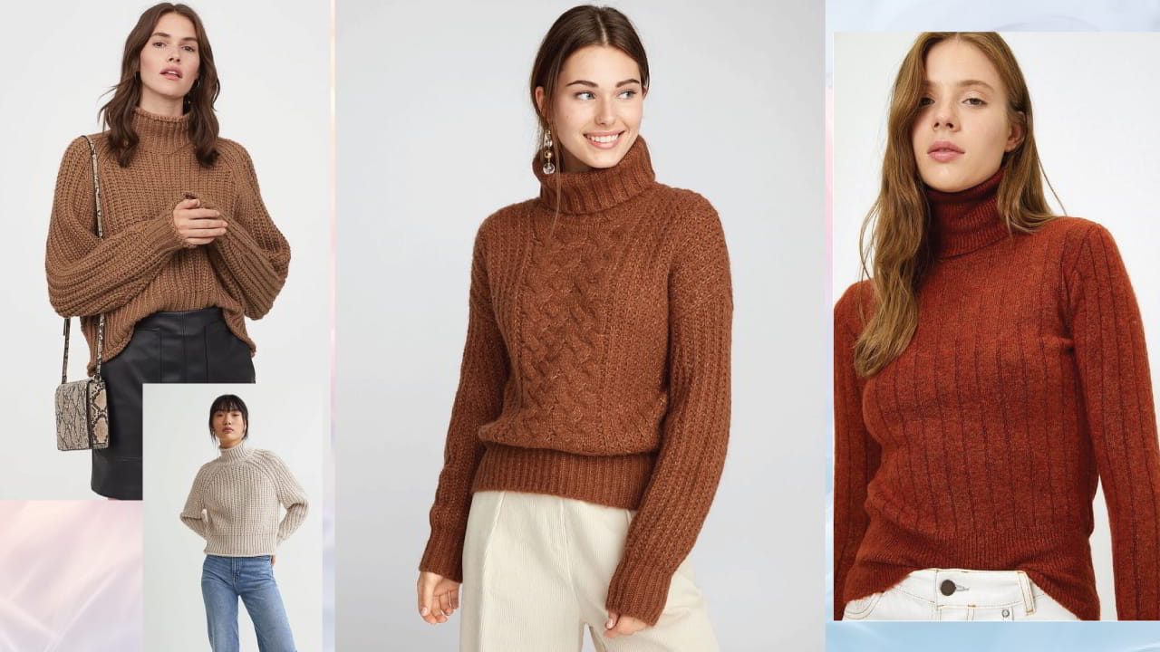 Four women shows collection of turtleneck sweaters in various colors perfect for winter wear.